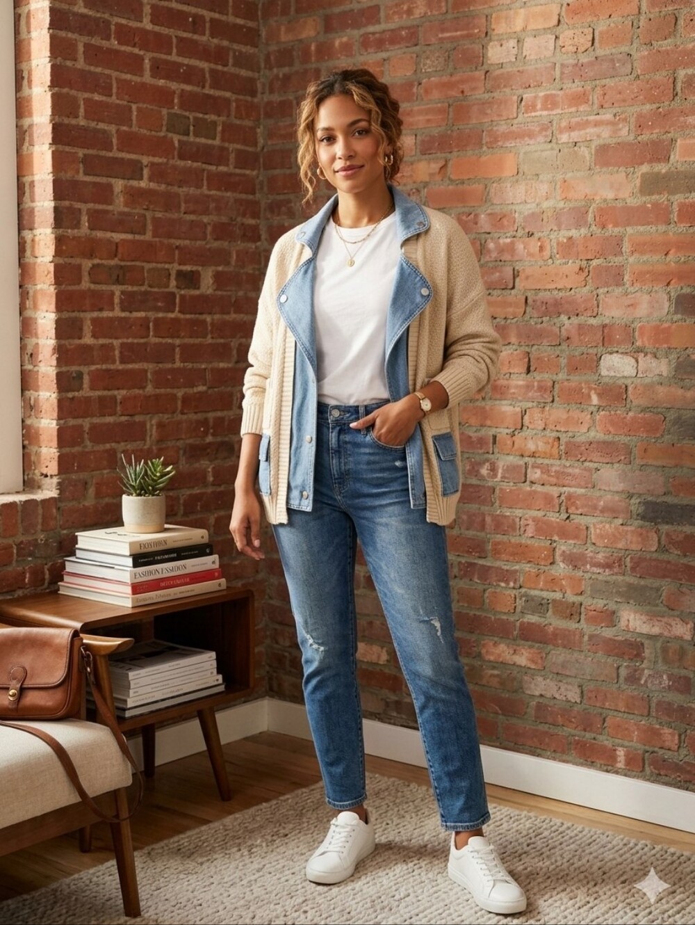Beige Knit and Light Blue Denim Mixed-Media Jacket